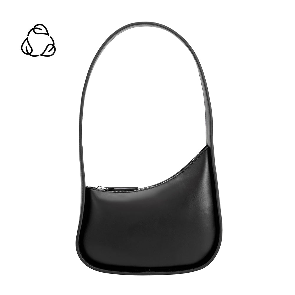 A black recycled vegan leather shoulder bag with structured handle. 