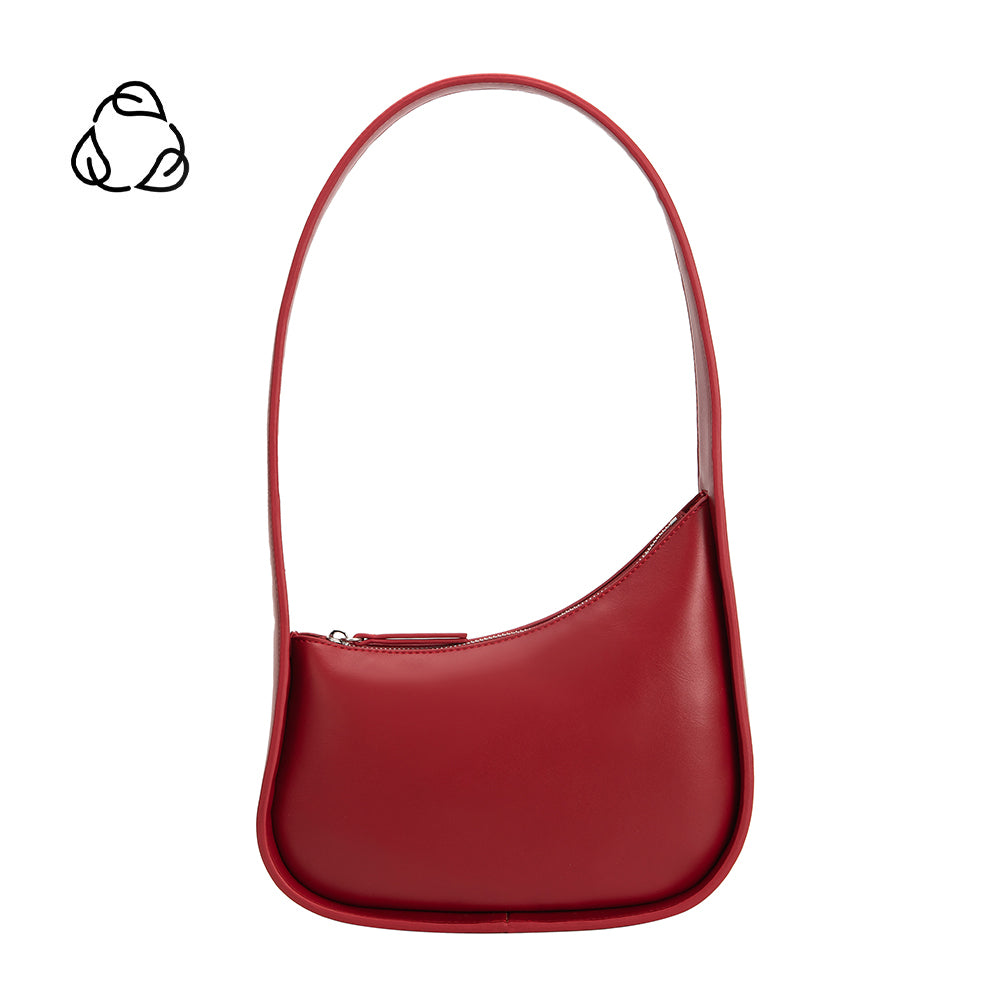 A red recycled vegan leather shoulder bag with a structured handle.