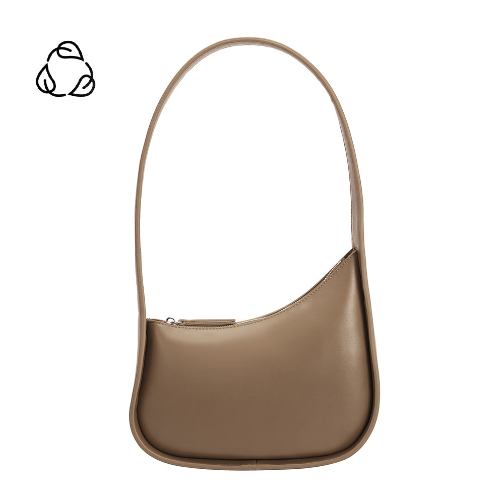 A taupe recycled vegan leather shoulder bag with a structured handle. 