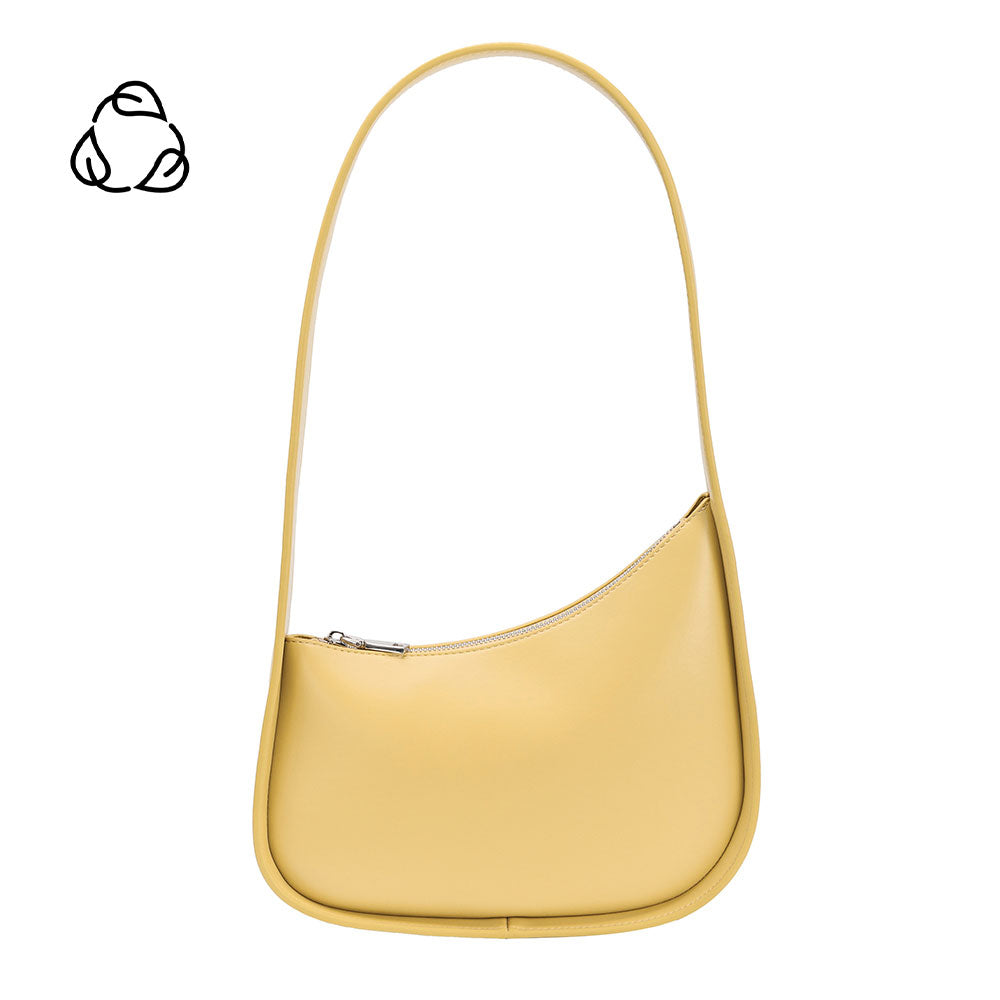 A yellow recycled vegan leather shoulder bag with a structured handle. 