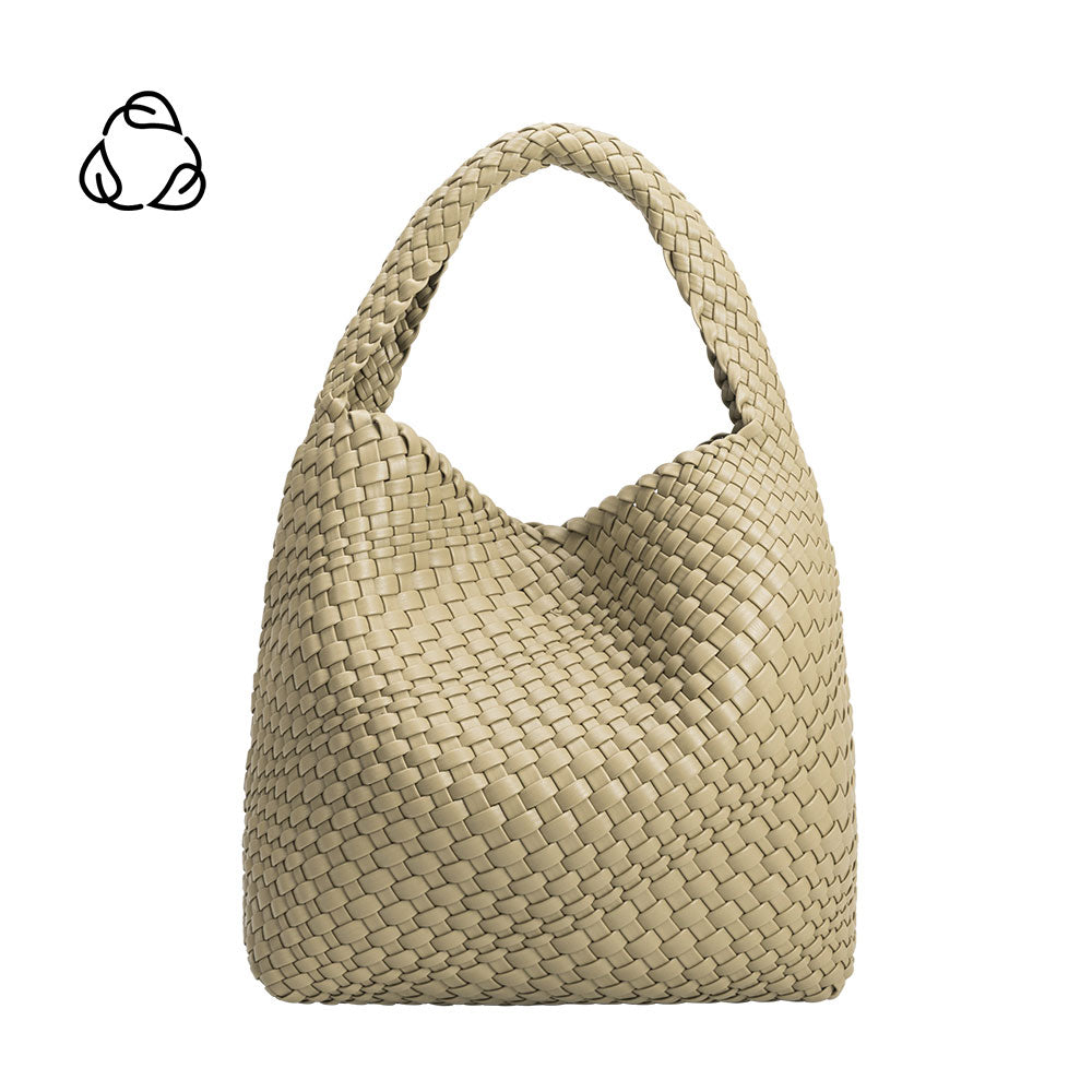 A large moss hand woven vegan leather shoulder bag.