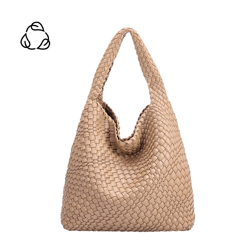 A large nude hand woven recycled vegan leather shoulder bag.