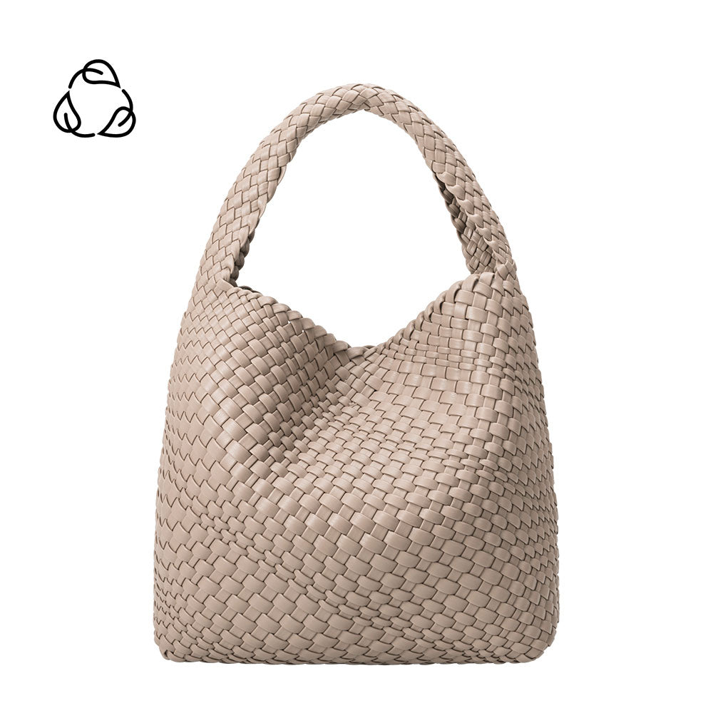 A large taupe hand woven recycled vegan leather shoulder bag.